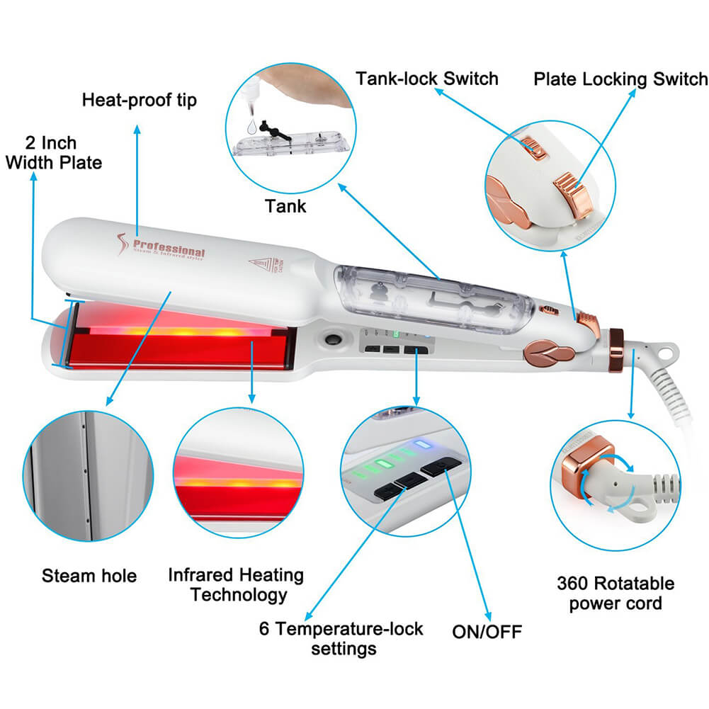Hair Ceramic Straightener Infrared Steam Flat Iron White